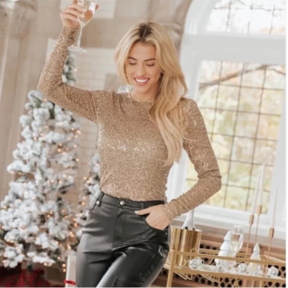 Free People Tops - Free people gold rush gold sequin long sleeves top size small new no tags